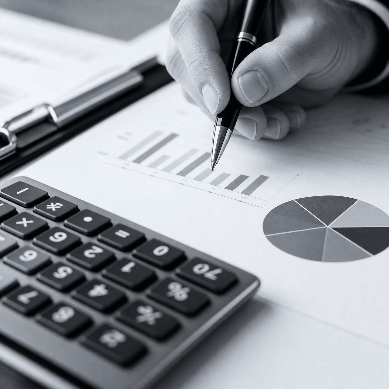 black and white photo of financial report and calculator